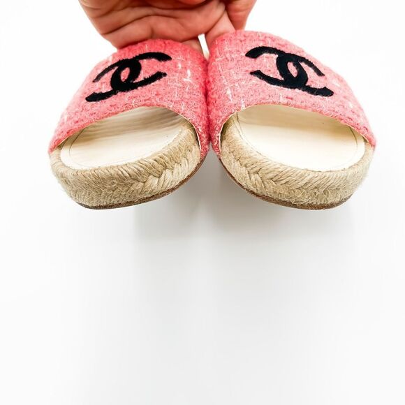 Chanel CC Logo Espadrilles Sandals Pink Tweed Slides Mules EU 38 US 7-7.5 - Picture 9 of 14